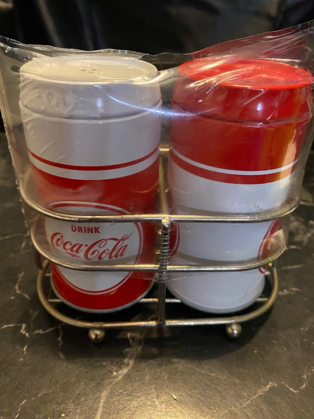 Coca-Cola Red and White Can-Style Salt & Pepper Set with Caddy